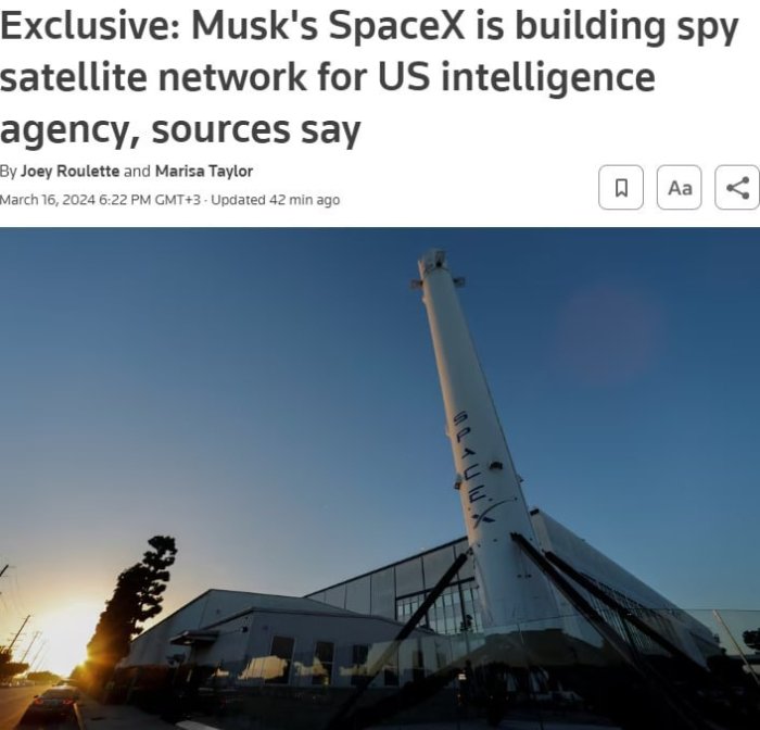 SpaceX AQSh razvedkasi bilan maxfiy shartnoma asosida yuzlab josuslik yo‘ldoshlari tarmog‘ini yaratmoqda